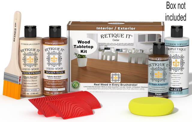 Retique It Wood'n Finish Kit in Cedar for tabletops, featuring stain bottles and application tools for wood finishing projects.
