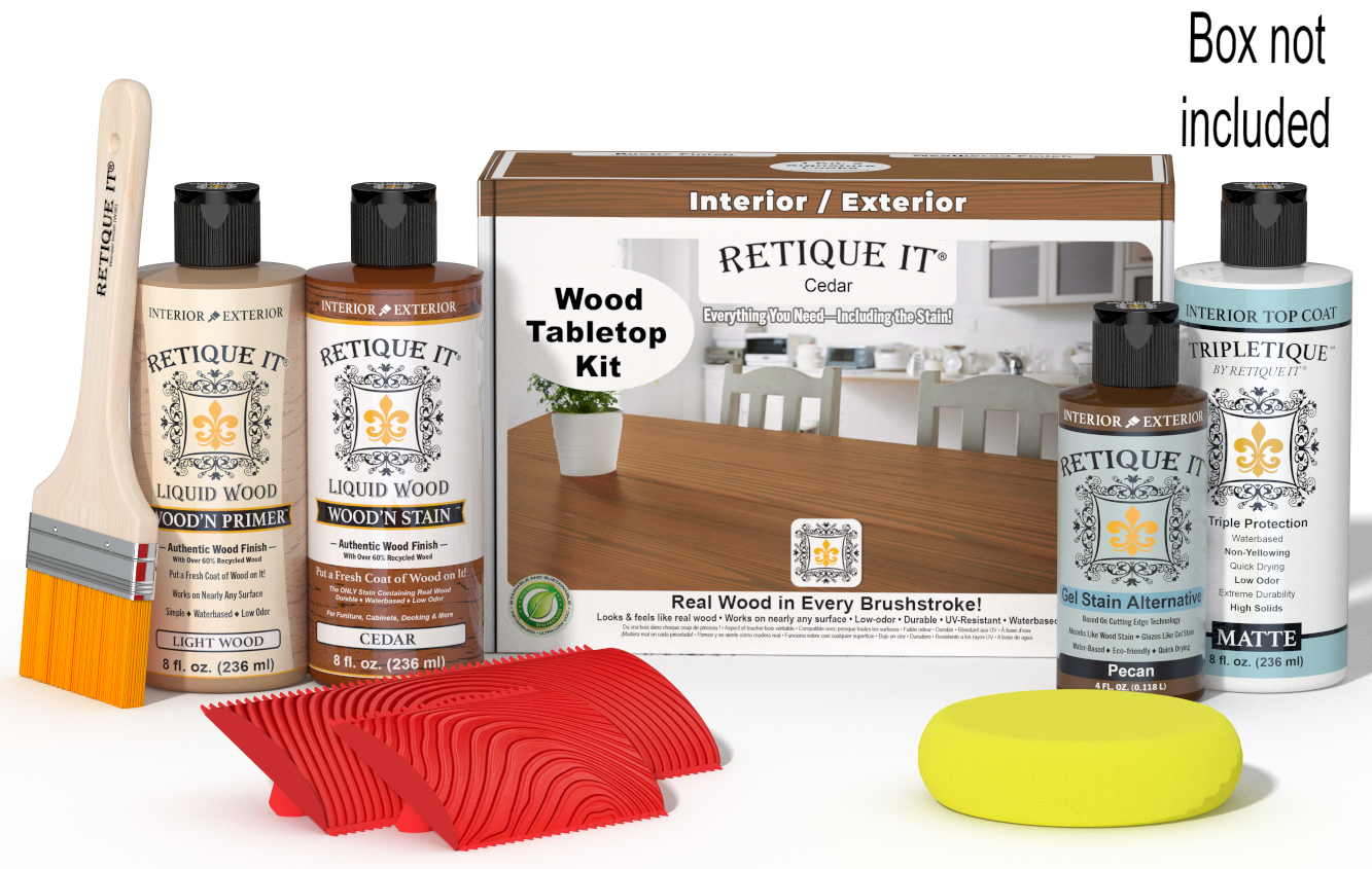 Retique It® Cedar Wood Tabletop Kit with Light Wood primer, Cedar stain, Pecan gel stain alternative, Matte Tripletique® Top Coat, brush, red graining tool, yellow sponge, and product box.