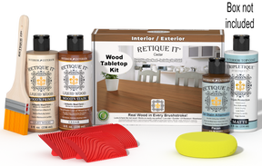Retique It® Cedar Wood Tabletop Kit with Light Wood primer, Cedar stain, Pecan gel stain alternative, Matte Tripletique® Top Coat, brush, red graining tool, yellow sponge, and product box.