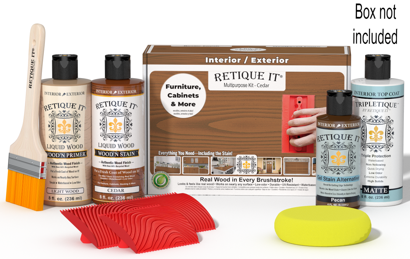 Retique It® Cedar Wood'n Kit with Matte TripleTique® shown with the Cedar Multipurpose Kit box, brush, Light Wood primer, Cedar stain, Pecan Gel Stain Alternative, Matte TripleTique® top coat, a yellow sponge, and a red graining tool.