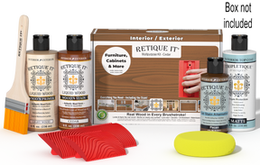 Retique It® Cedar Wood'n Kit with Matte TripleTique® shown with the Cedar Multipurpose Kit box, brush, Light Wood primer, Cedar stain, Pecan Gel Stain Alternative, Matte TripleTique® top coat, a yellow sponge, and a red graining tool.