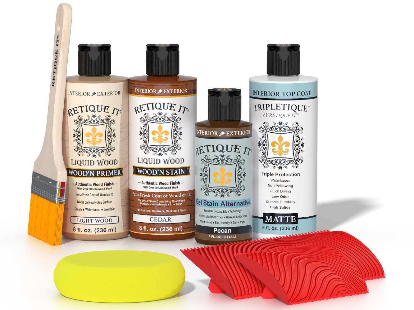 Retique It® Cedar Wood'n Kit with Matte TripleTique® includes a brush, Light Wood primer, Cedar stain, Pecan Gel Stain Alternative, Matte TripleTique® top coat, a yellow sponge, and a red graining tool.