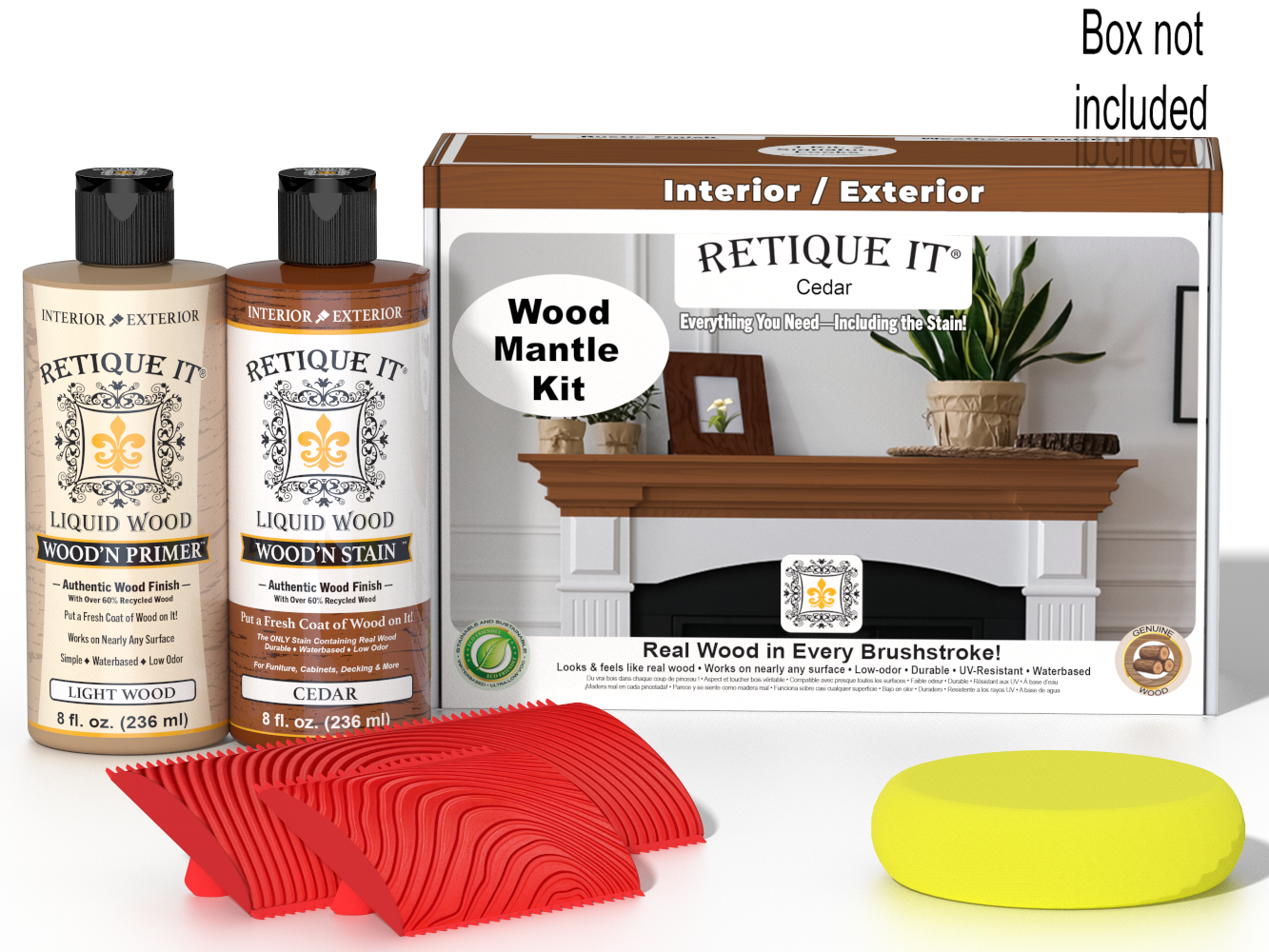 Retique It® Cedar Wood'n Finish Kit for fireplace mantels, featuring stain and finishing supplies for wood mantel restoration.