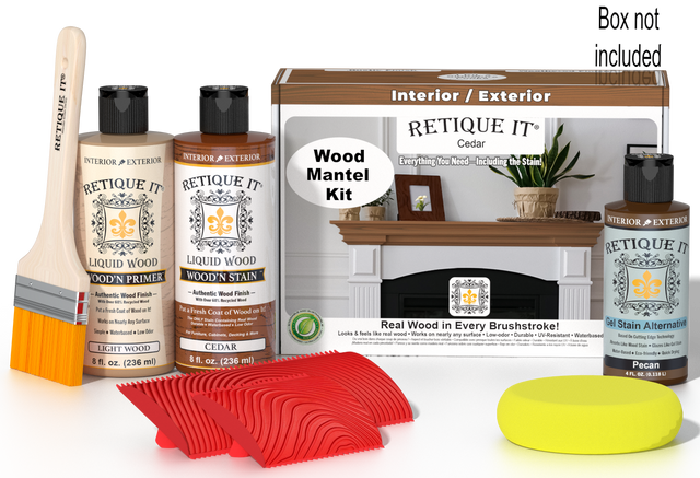 Retique It Cedar Wood'n Finish Kit for fireplace mantel staining, includes stain and applicator for wood finishing.