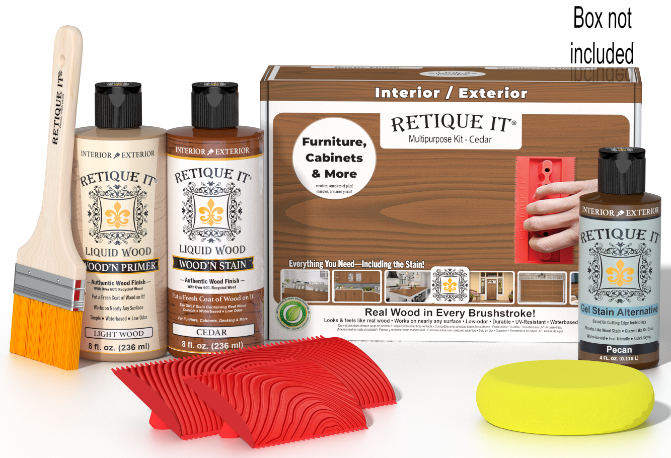 Retique It® Wood'n Finish Kit in cedar color with wooden box, multi-purpose wood finishing set for furniture and projects.