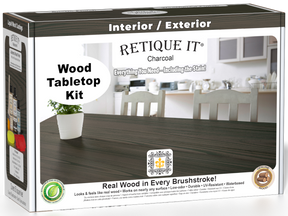 Retique It® Wood'n Finish Kit in Charcoal for tabletops, featuring stain bottles and application tools in the kit.