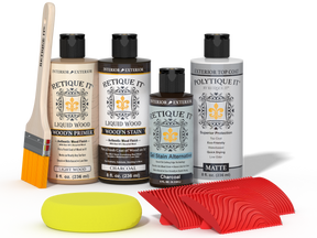 Retique It® Wood'n Finish Kit in charcoal for exterior wood projects, featuring multi-purpose top coat and application tools.