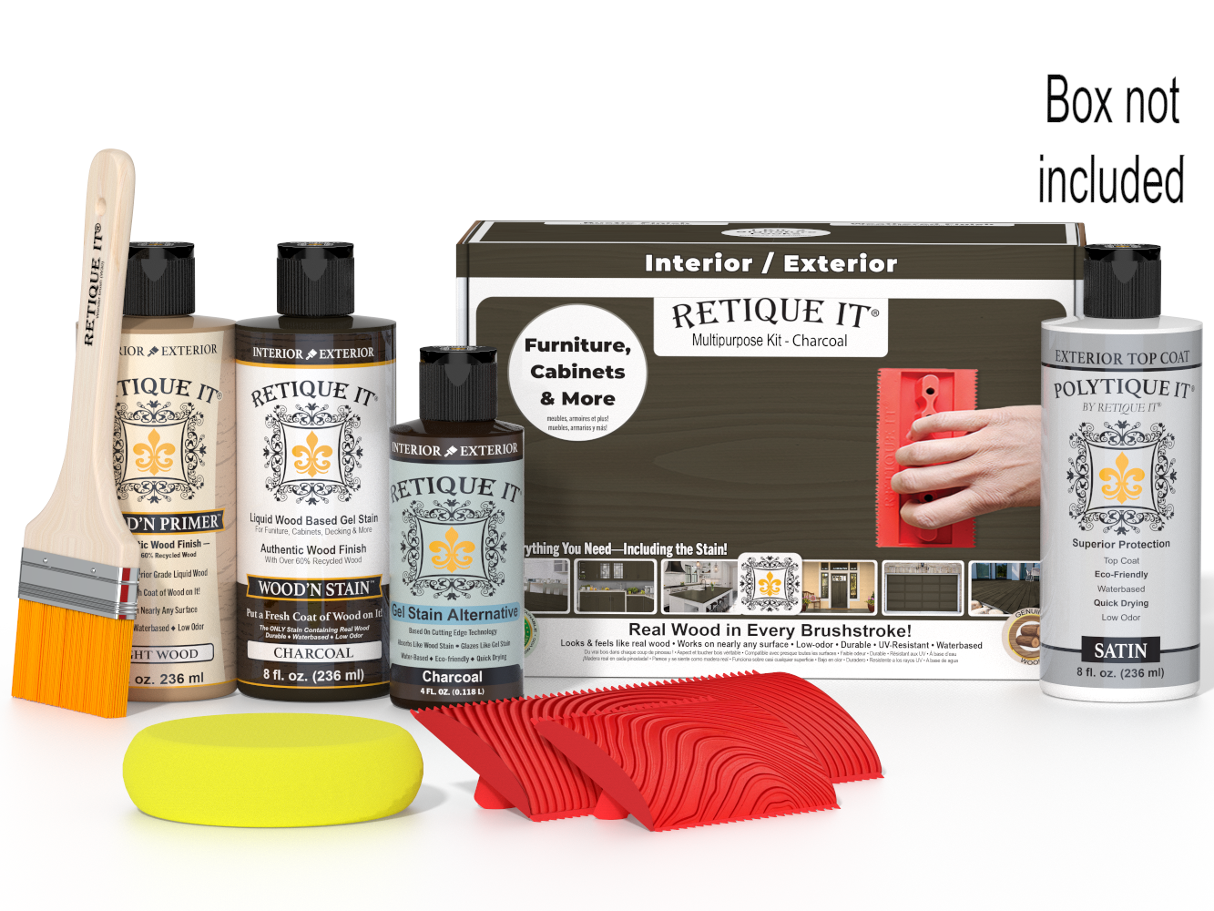 Retique It furniture care products including bottles, a brush, and a box on a white background.