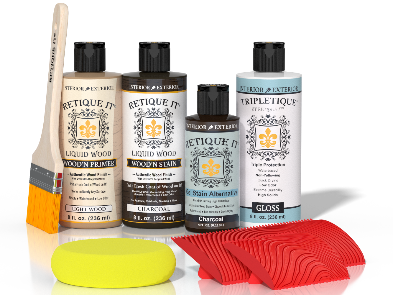 Retique It® Wood'n Kit in charcoal, a multi-purpose interior top coat for wood finishing, shown in a close-up of the kit components.