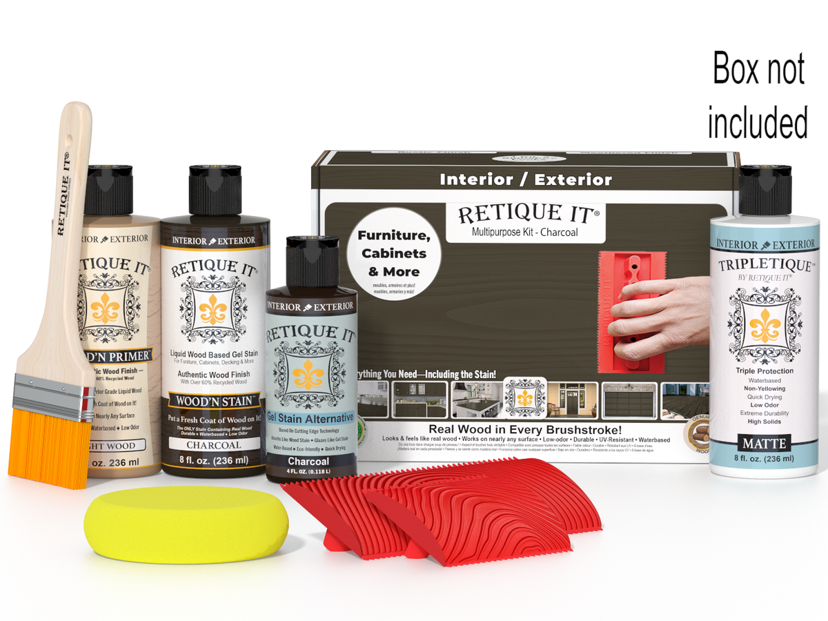 Retique It furniture care kit with bottles, a brush, and a box on a white background