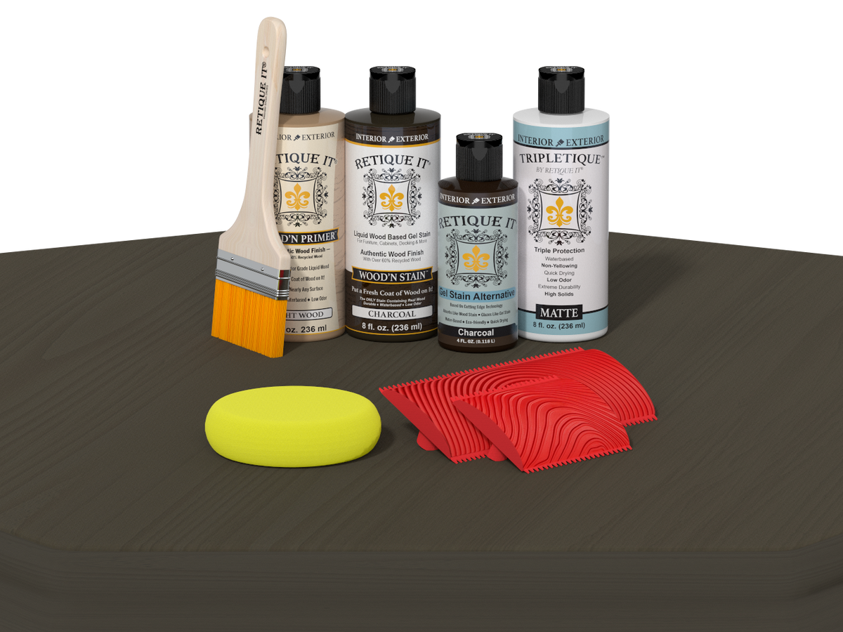 Set of wood care products including bottles, a brush, a sponge, and cloths on a dark surface.