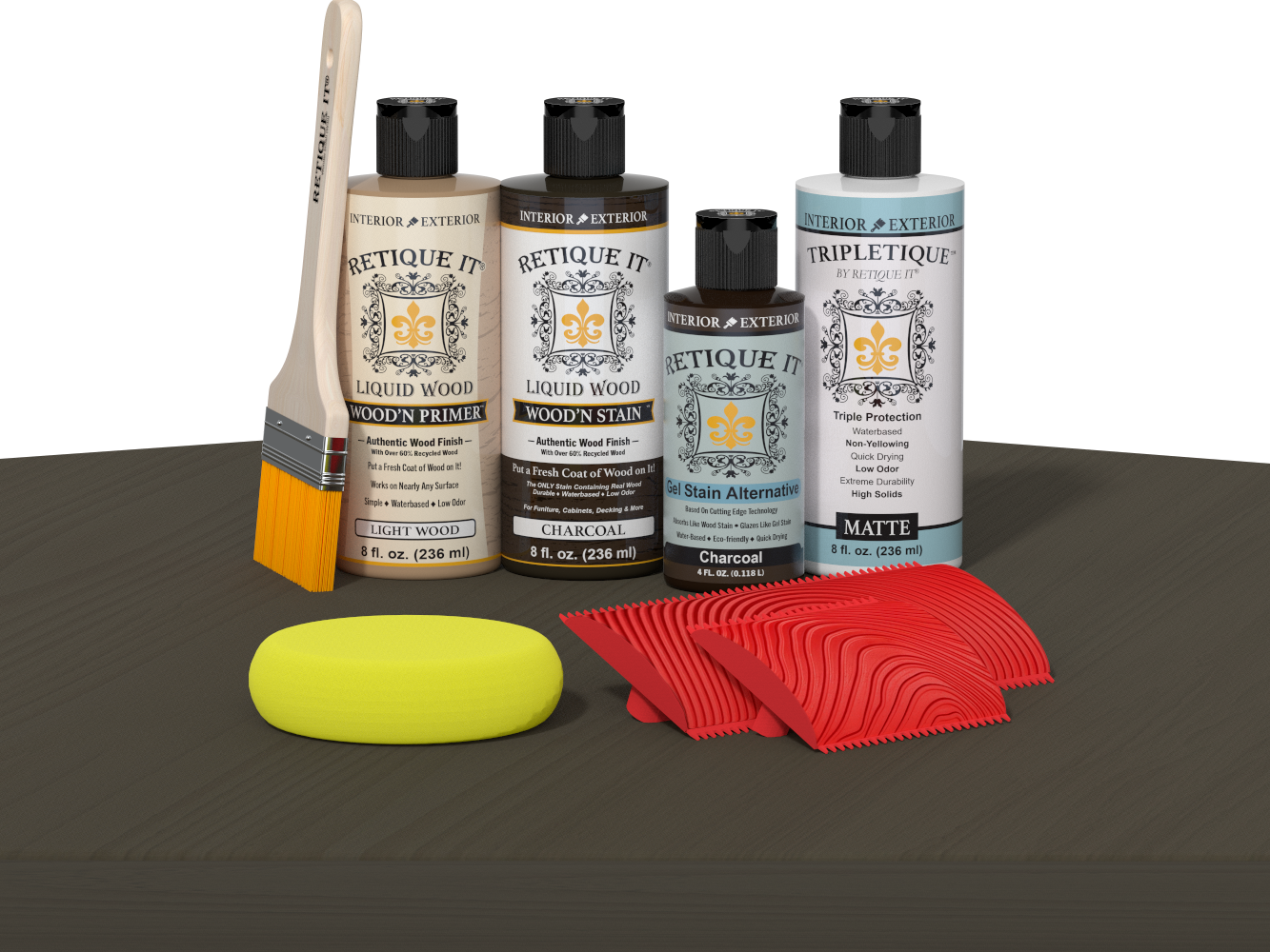 Retique It® Wood'n Finish Kit in charcoal, interior top coat for wood furniture, showcasing the kit and application tools.