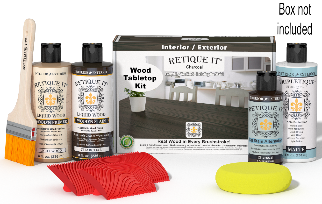 Retique It® Wood'n Finish Kit in Charcoal for tabletops, showing stain bottles and application tools on a wooden surface.