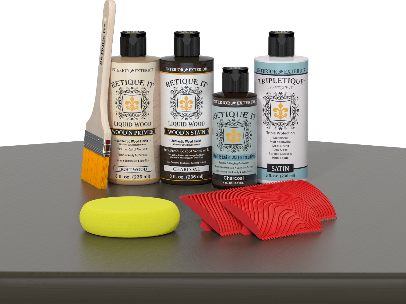 Retique It® Wood'n Finish Kit in charcoal for interior wood projects, featuring a multi-purpose top coat and application tools.
