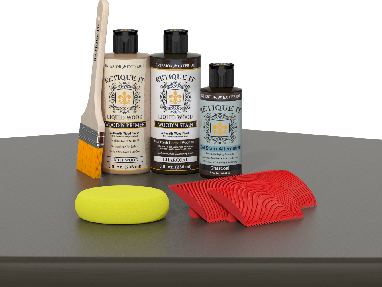 Retique It® Wood'n Finish Kit in Charcoal stain for fireplace mantels, showing the wood stain application and finished wood surface.