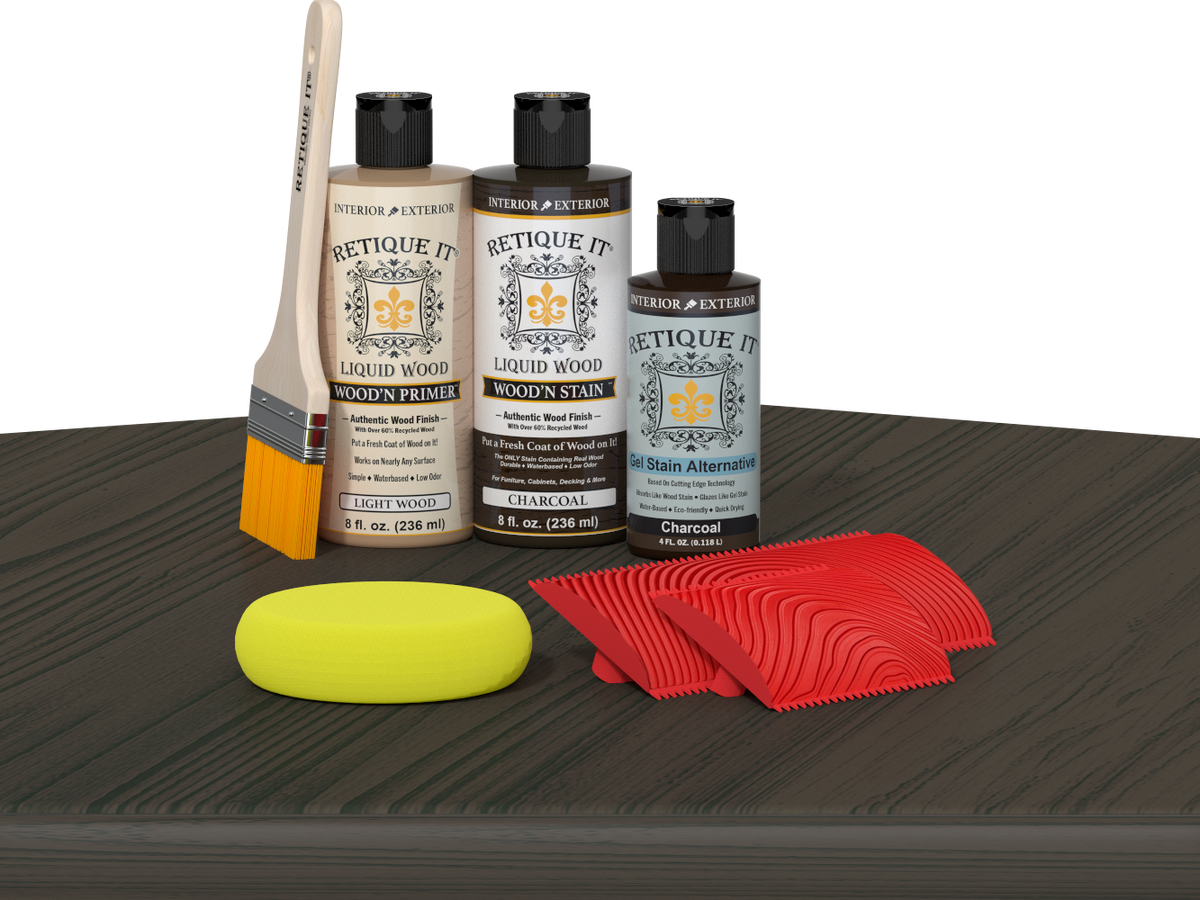 Retique It® Fireplace Mantel Wood'n Finish Kit in Charcoal stain, showing wood sample with dark charcoal-colored finish.