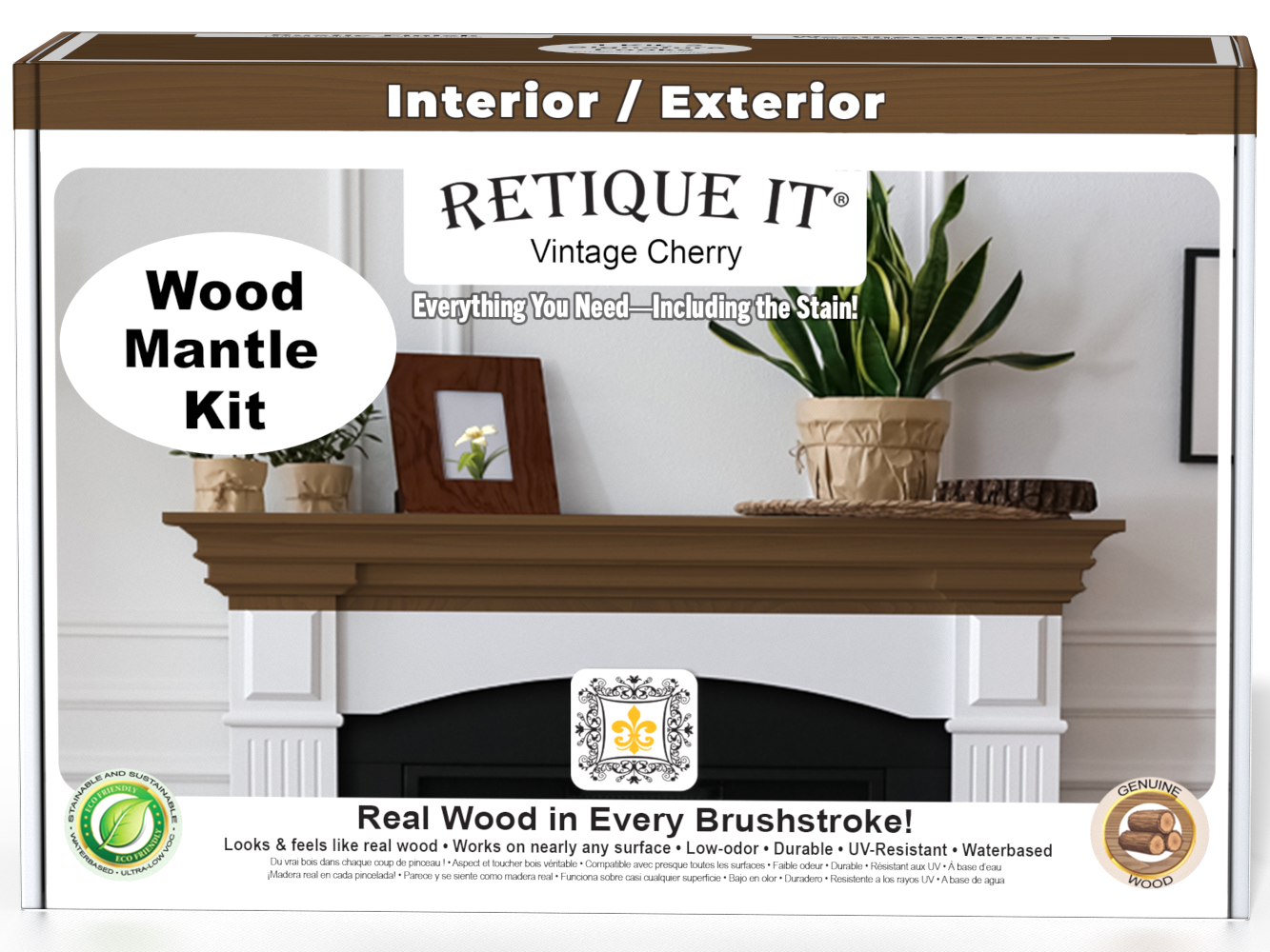 Retique It® Vintage Cherry wood finish kit for fireplace mantels, featuring stain application and detailed front view.