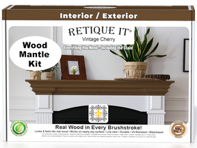 Retique It® Vintage Cherry wood finish kit for fireplace mantels, featuring stain application and detailed front view.