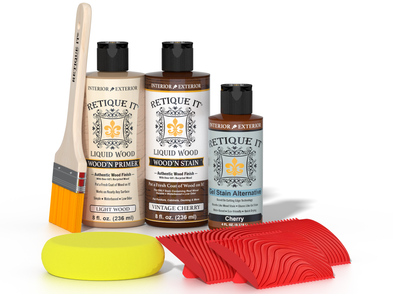 Retique It® Vintage Cherry wood finish kit for fireplace mantels, showing stained wood with rich cherry tone and smooth finish.