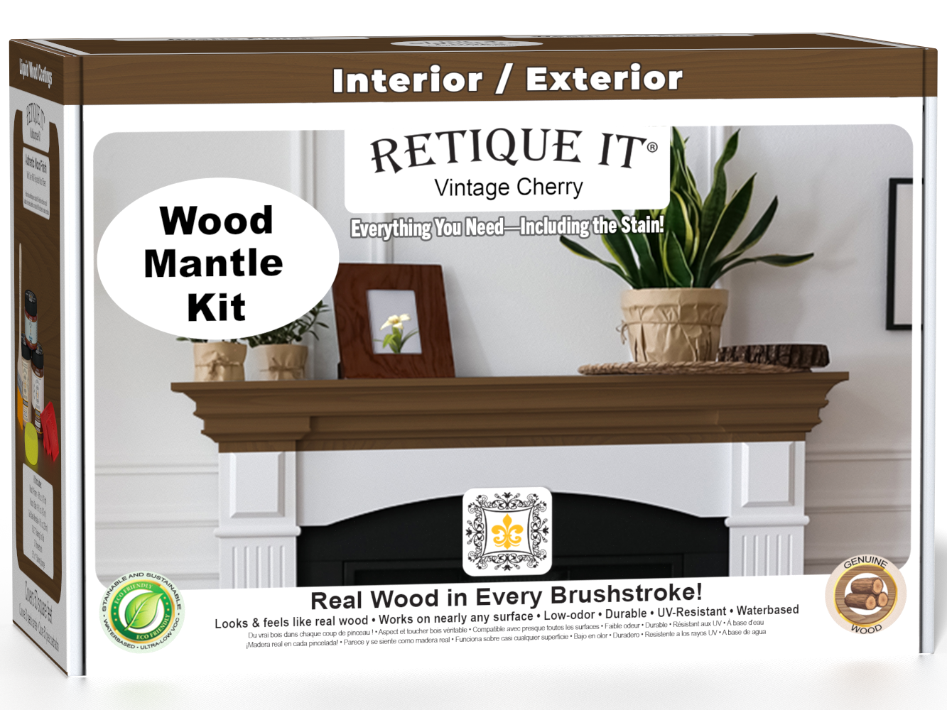 Retique It® Vintage Cherry wood stain kit for fireplace mantels, shown in a 3D box packaging with wood finish options.