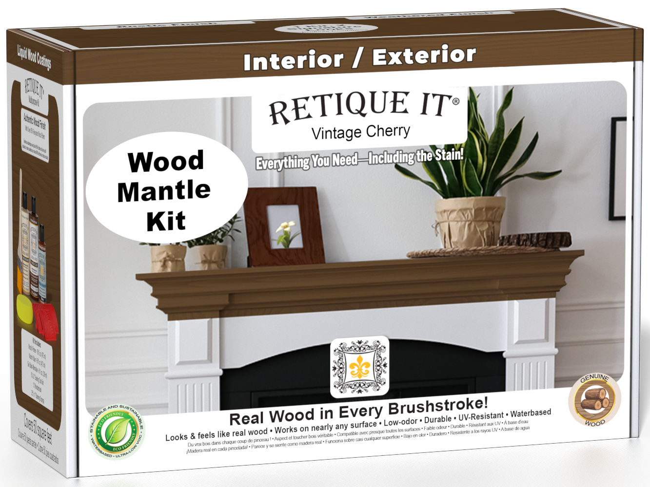 Retique It® Vintage Cherry wood finish kit for fireplace mantels, featuring stains for a rich, natural wood look.