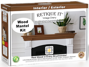 Retique It® Fireplace Mantel Wood'n Finish Kit in Vintage Cherry stain, showing the wood finish and stain application on a mantel.