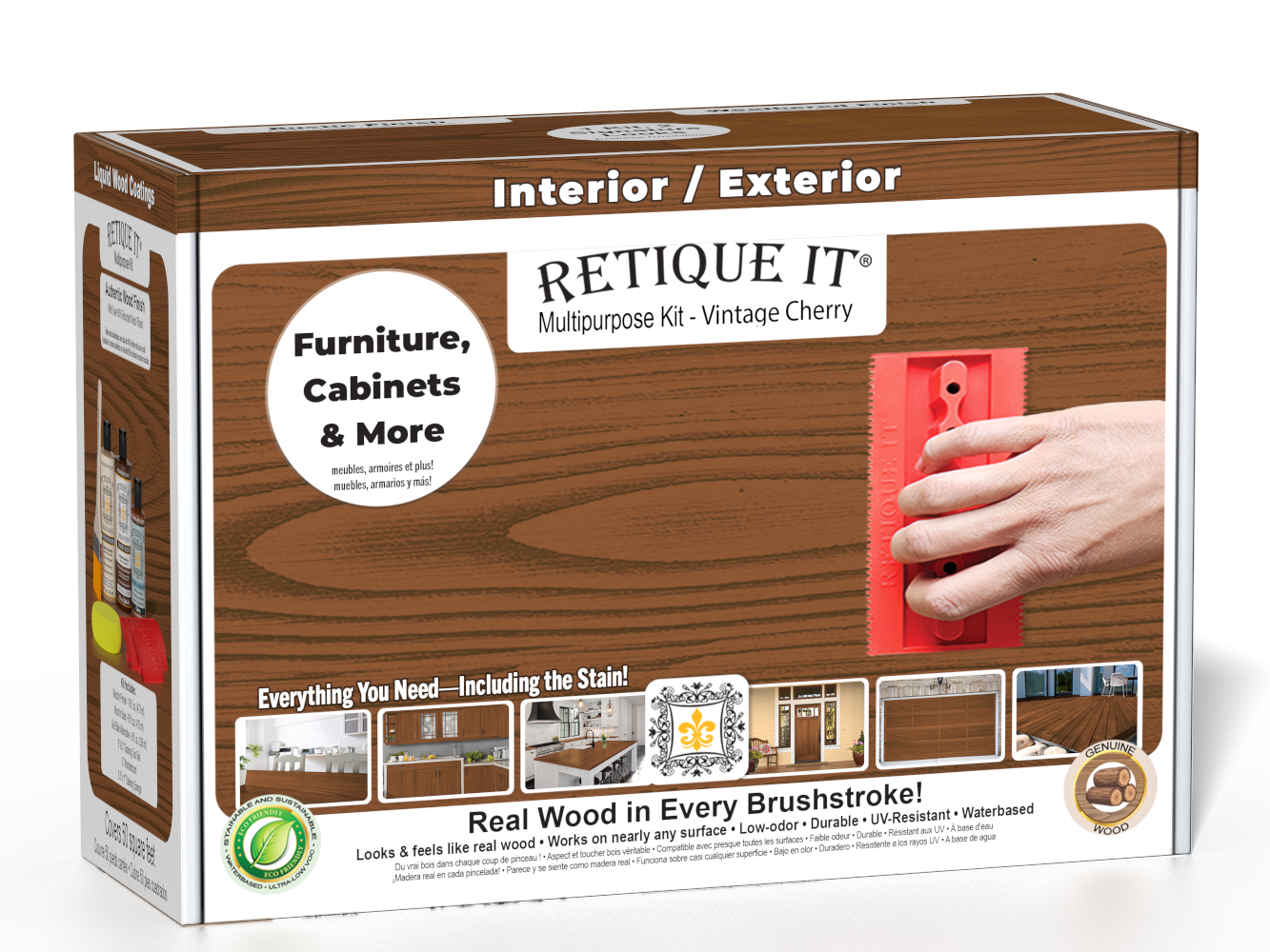 Retique It® Wood'n Finish Kit in Vintage Cherry showing a wooden box with the kit's finish and tools for woodworking projects.