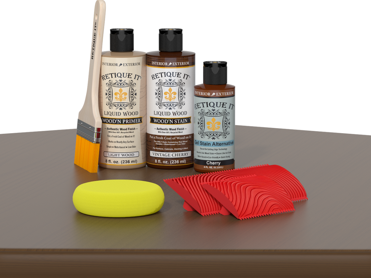 Retique It® Vintage Cherry wood stain kit for fireplace mantels, showcasing a rich cherry finish on wood.
