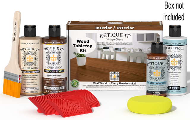 Retique It Wood'n Finish Kit in Vintage Cherry stain shown in a tabletop application with stain bottles and finishing tools.
