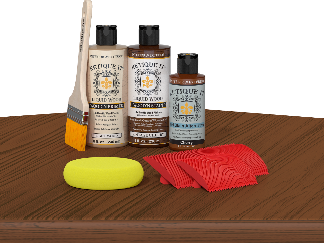Retique It® Wood'n Finish Kit in Vintage Cherry, a multi-purpose wood finishing kit with a cherry wood finish on a table.