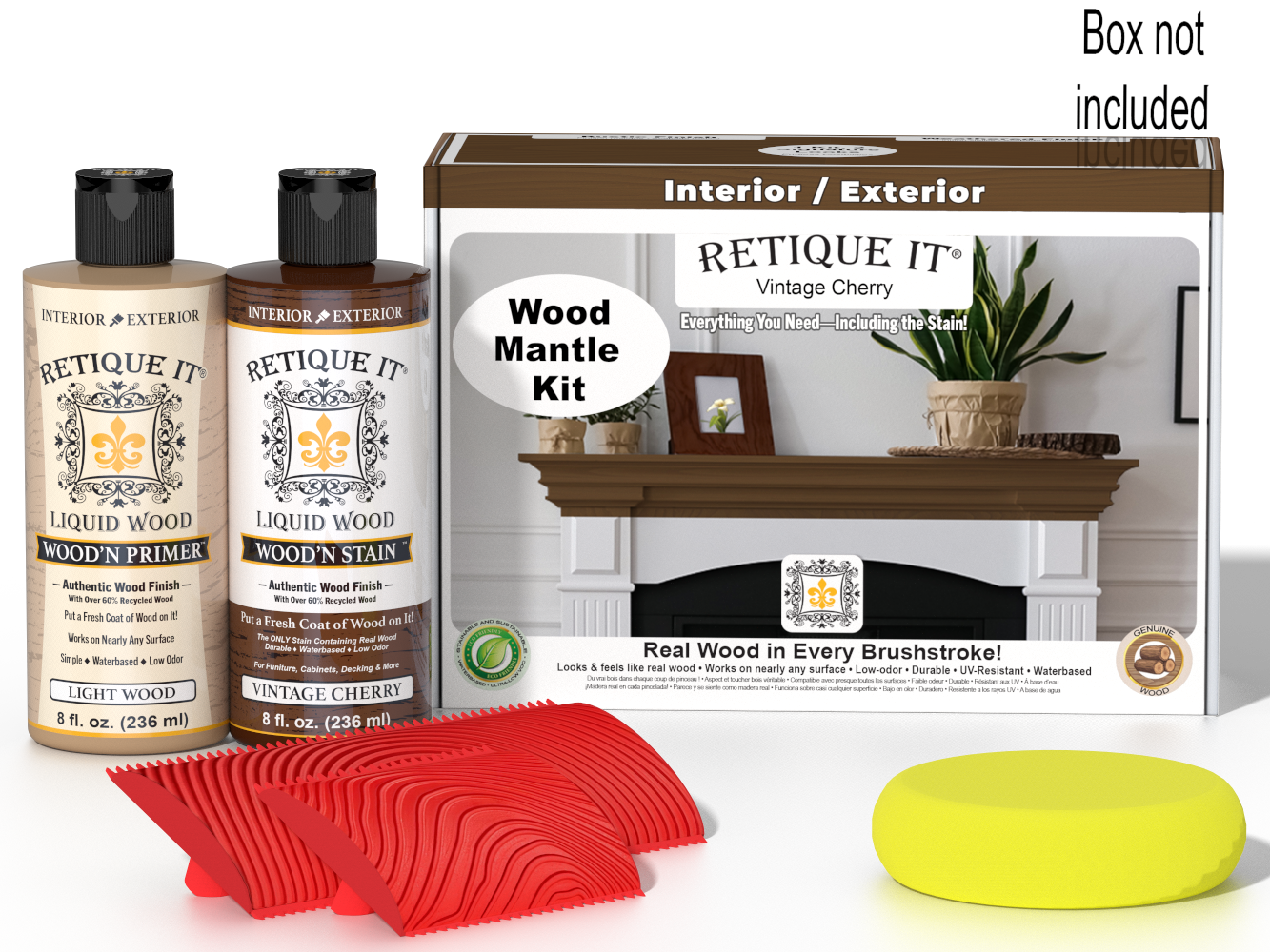 Retique It® Wood'n Finish Kit in Vintage Cherry stain for fireplace mantels, showing the wood stain application and finish details.