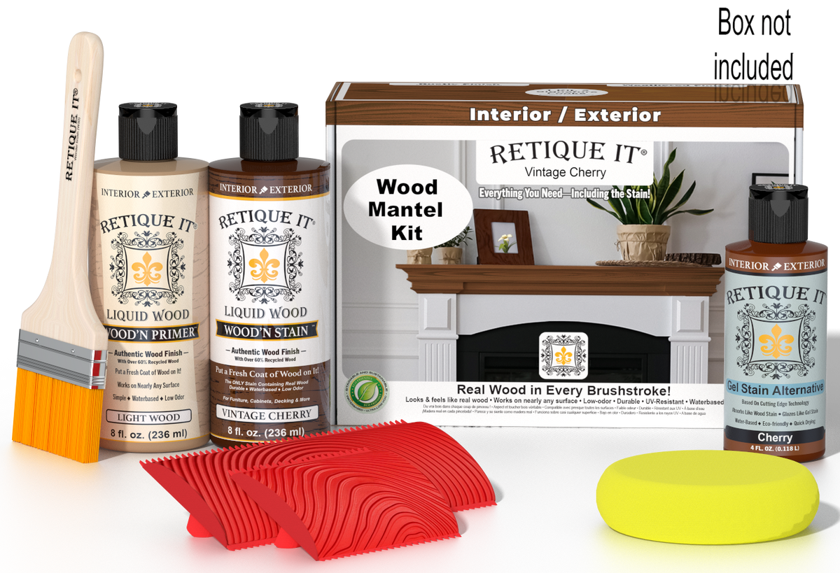Retique It Wood'n Finish Kit in Vintage Cherry stain for fireplace mantels, showcasing wood stain application and color detail.