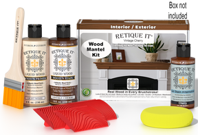 Retique It® Wood'n Finish Kit in Vintage Cherry stain for fireplace mantels, showcasing wood stain application and color detail.