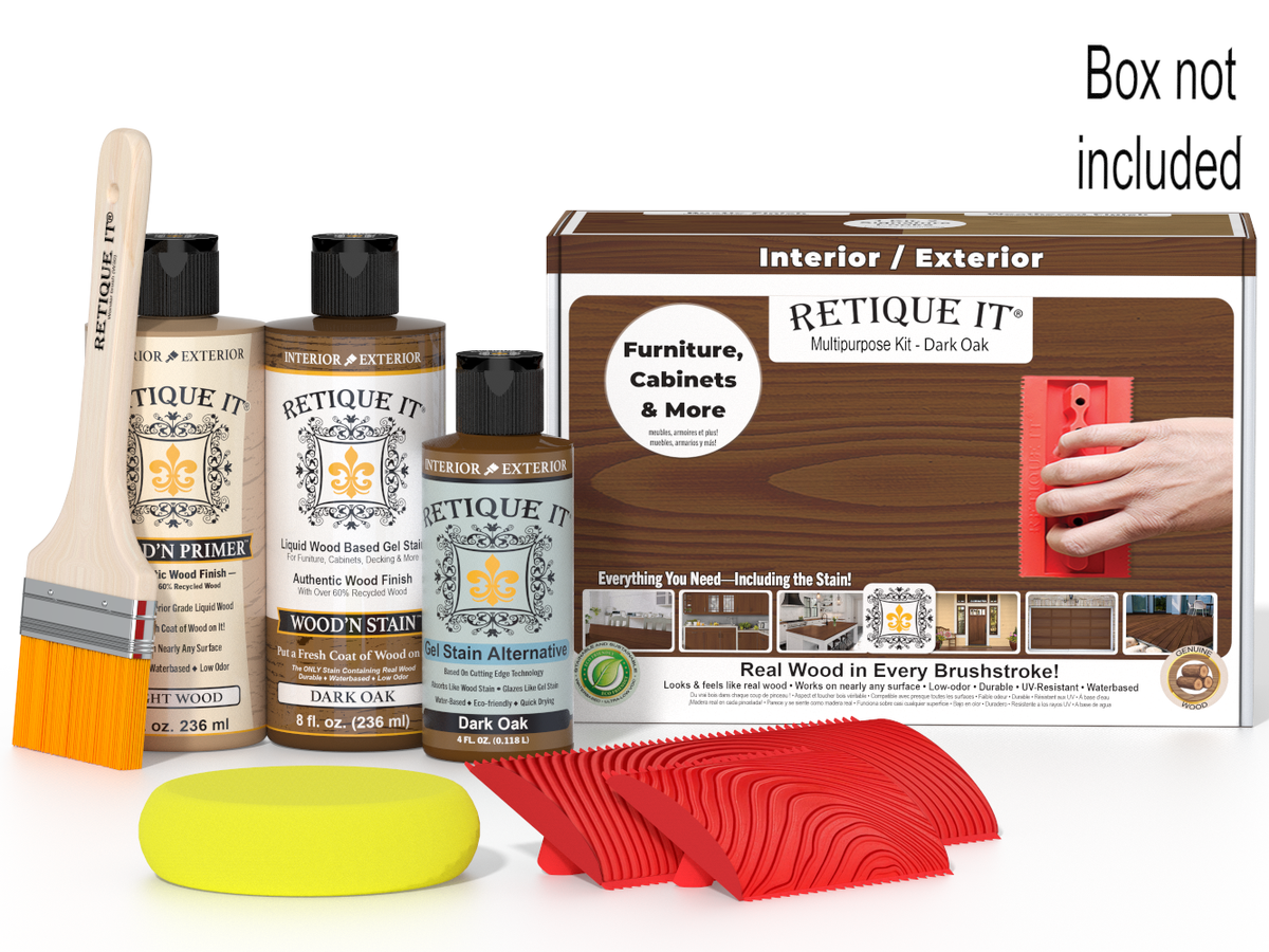 Retique It wood staining kit with bottles, brush, and packaging on a white background
