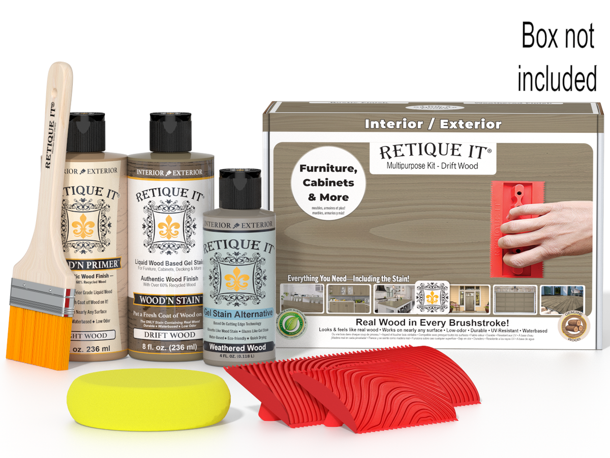 Retique It wood staining kit with bottles, brush, and packaging on a white background