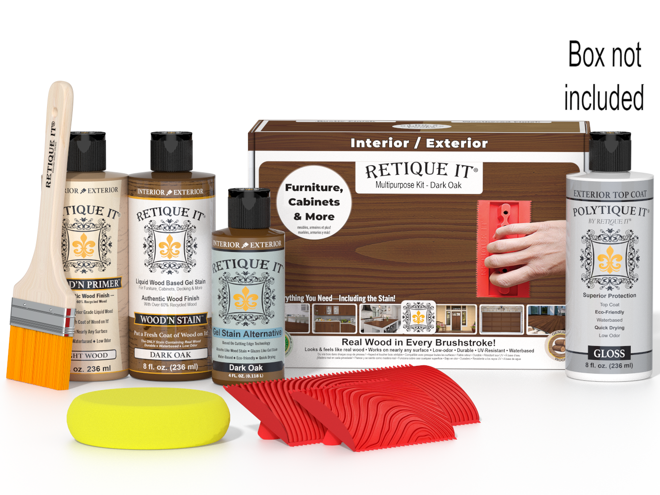 Retique It furniture care kit with bottles, a brush, and packaging on a white background.