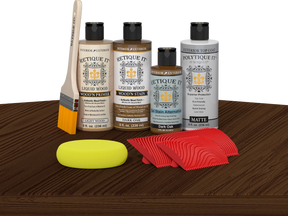 Retique It® Wood'n Kit Dark Oak exterior top coat with wood finish kit on table, showcasing multi-purpose wood finish products.