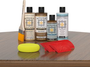 Retique It® Wood'n Finish Kit in Dark Oak, interior top coat applied to a wooden table, showcasing a rich dark oak finish.