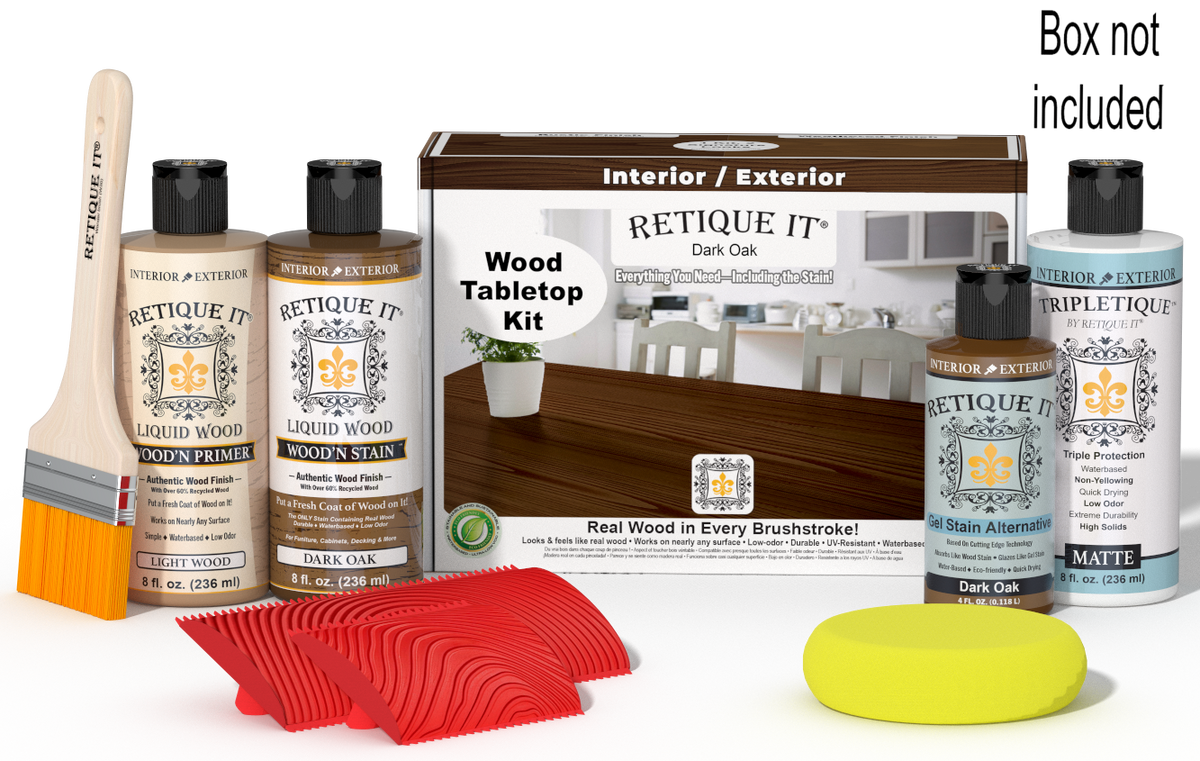 Retique It® Tabletop Wood'n Finish Kit in Dark Oak stain with application box, designed for wood finishing and refinishing projects.