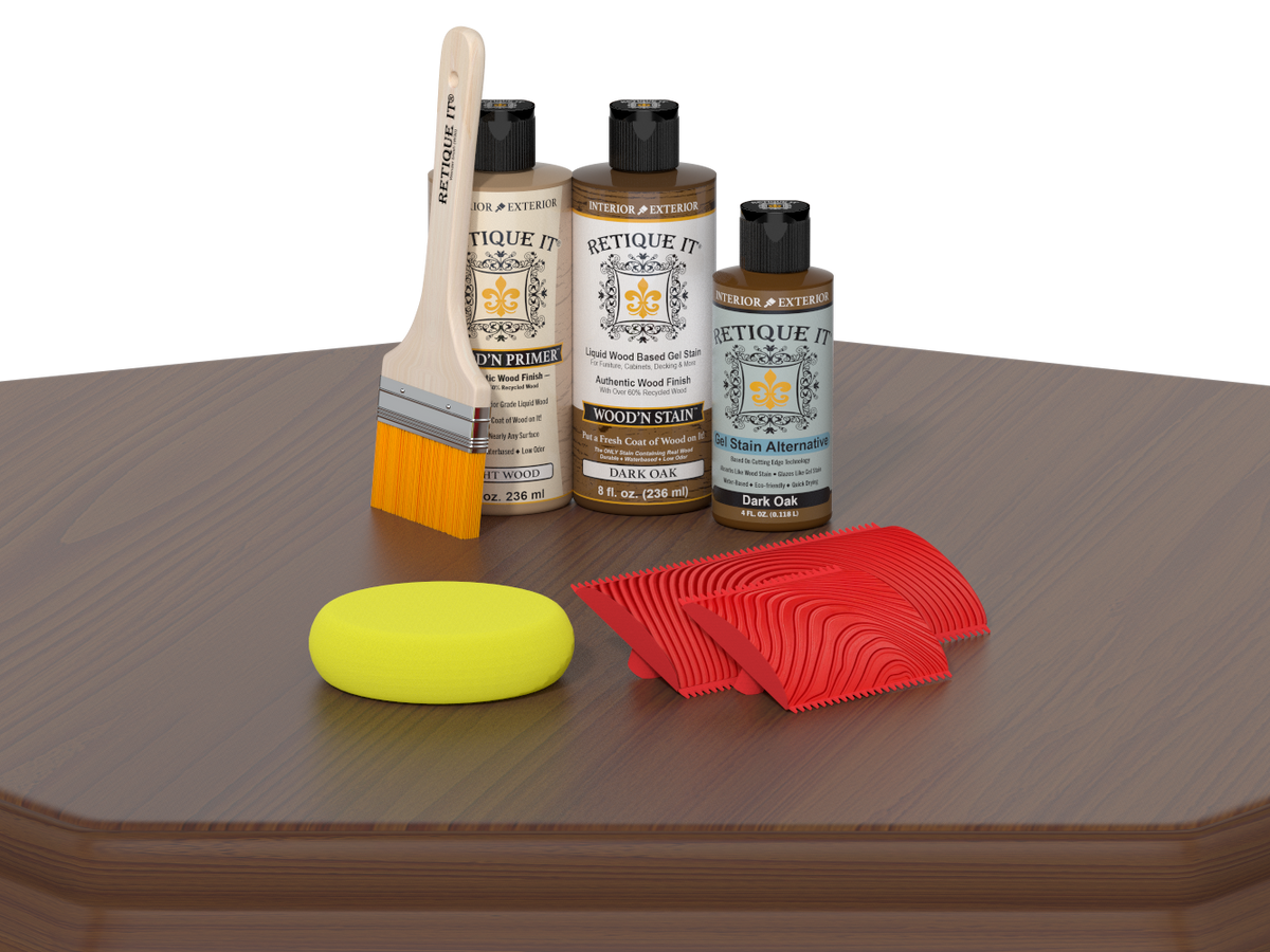 Wood care products including bottles, a brush, and cloths on a wooden surface.