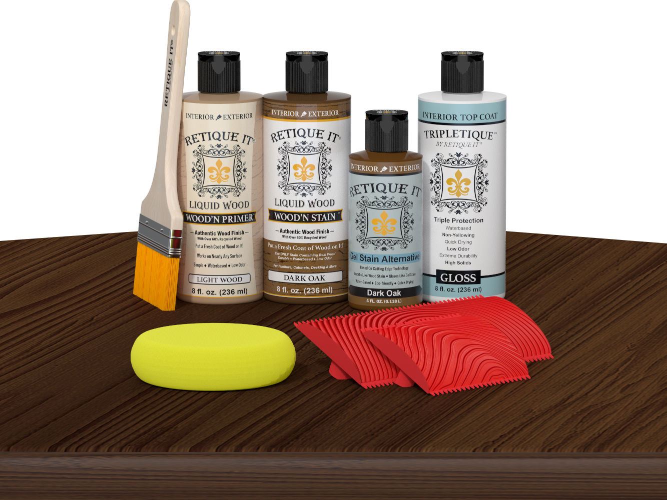 Retique It® Dark Oak Wood'n Kit with Light Wood primer, Dark Oak stain, Dark Oak gel stain alternative, Gloss Tripletique® Top Coat, brush, red graining tool, and yellow sponge.
