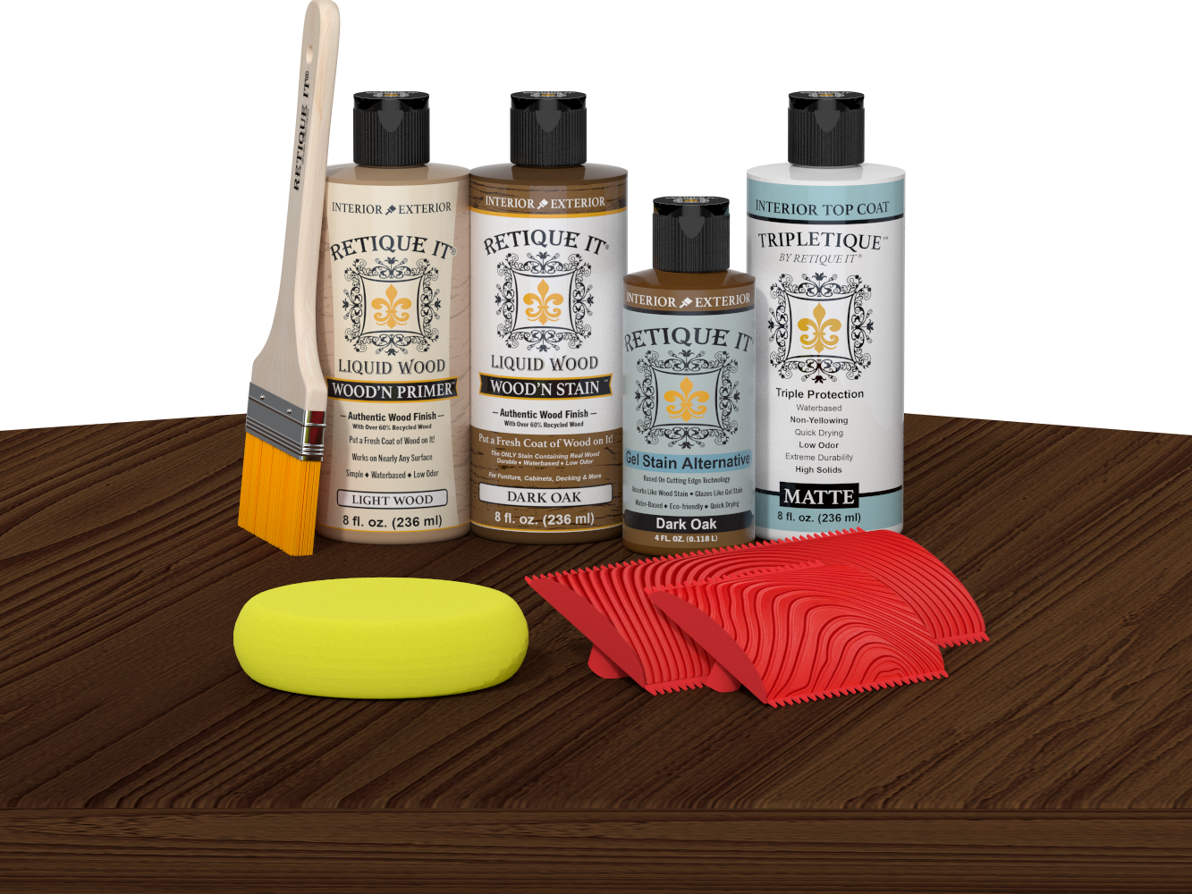Retique It® Dark Oak Wood'n Kit with Light Wood primer, Dark Oak stain, Dark Oak gel stain alternative, Matte Tripletique® Top Coat, brush, red graining tool, and yellow sponge.