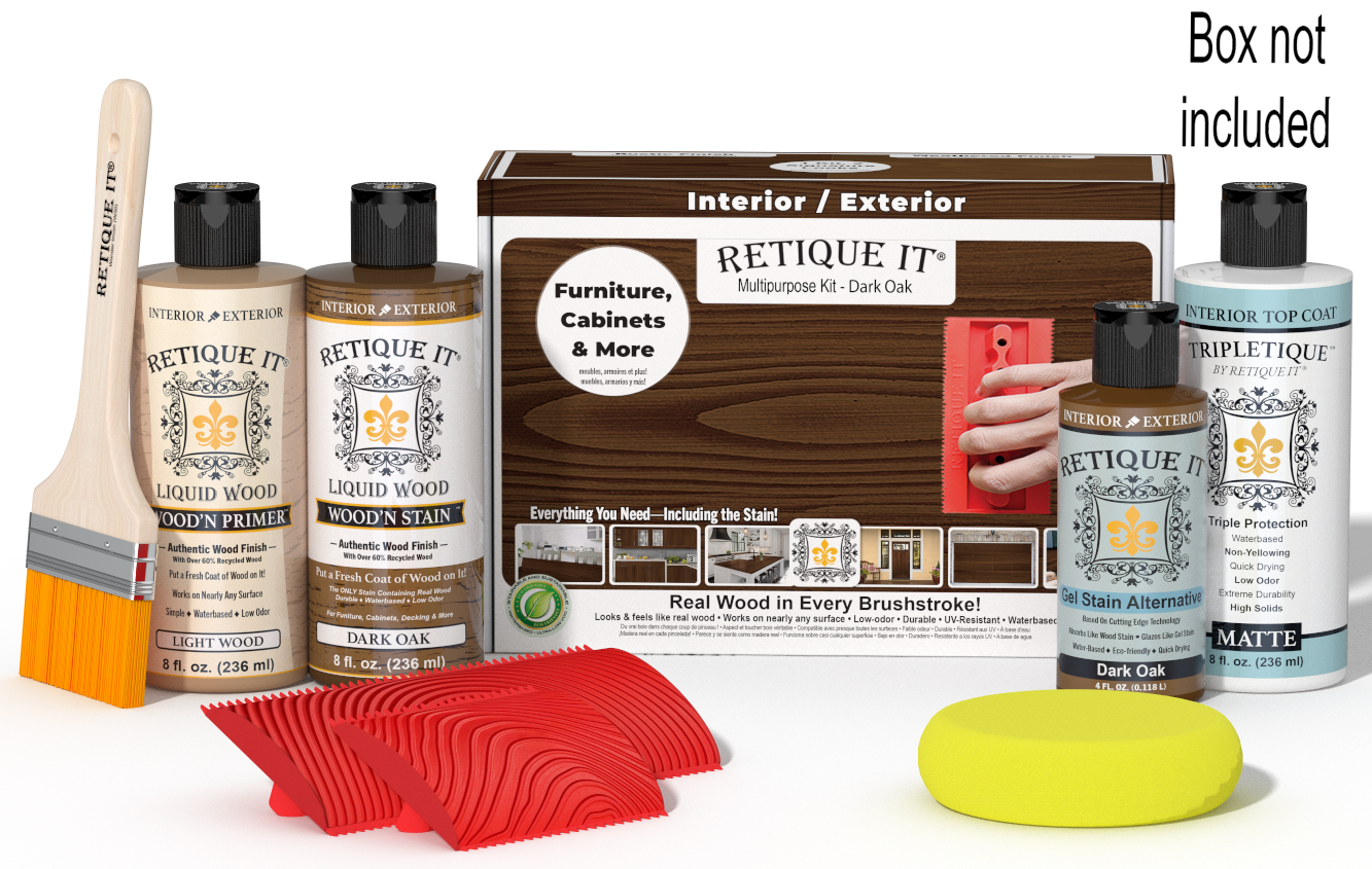 Retique It® Dark Oak Multipurpose Kit with Light Wood primer, Dark Oak stain, Dark Oak gel stain alternative, Matte Tripletique® Top Coat, brush, red graining tool, yellow sponge, and product box.