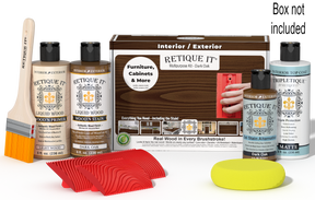 Retique It® Dark Oak Multipurpose Kit with Light Wood primer, Dark Oak stain, Dark Oak gel stain alternative, Matte Tripletique® Top Coat, brush, red graining tool, yellow sponge, and product box.
