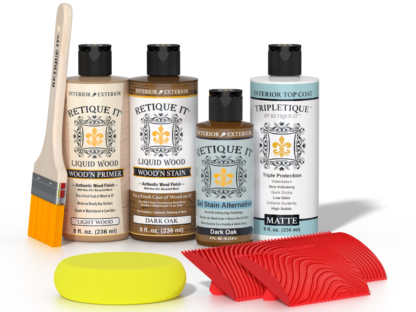 Retique It® Dark Oak Wood'n Kit with Light Wood primer, Dark Oak stain, Dark Oak gel stain alternative, Matte Tripletique® Top Coat, brush, red graining tool, and yellow sponge.