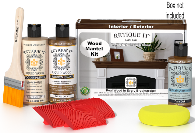 Retique It Fireplace Mantel Wood'n Finish Kit in Dark Oak stain, featuring wood stain bottles and application tools for mantel finishing.