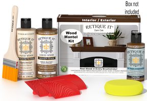 Retique It® Fireplace Mantel Wood'n Finish Kit in Dark Oak stain, showing the wood finish and application tools in the box.
