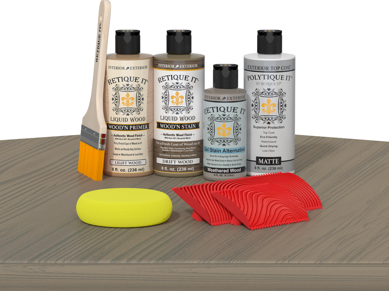 Retique It® Wood'n Finish Kit in Drift Wood with exterior top coat, displayed on a table for multi-purpose wood finishing.