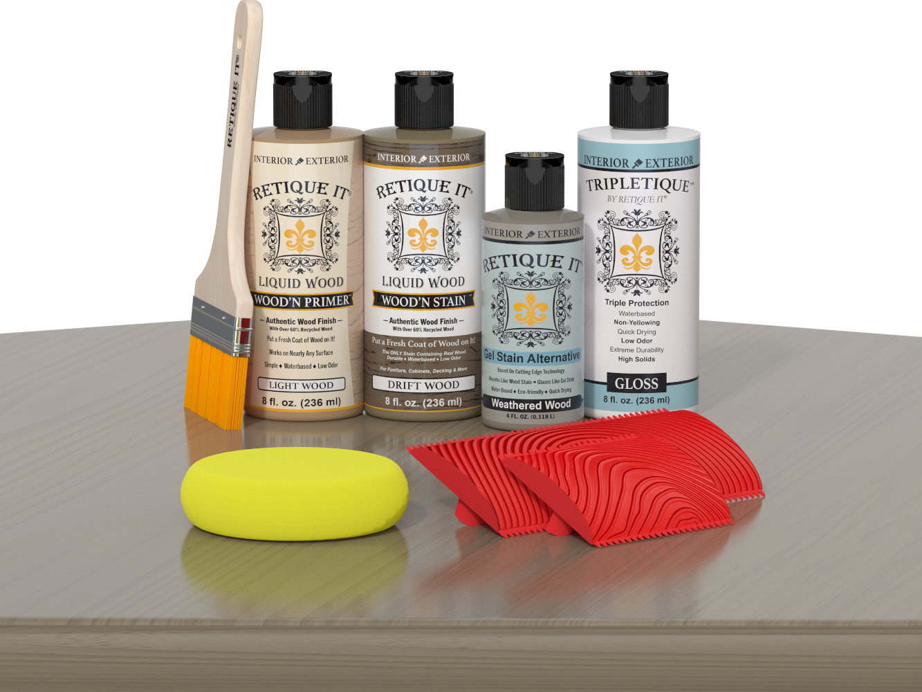Retique It® Wood'n Finish Kit with driftwood design applied to a table surface, showcasing natural wood grain and interior top coat.