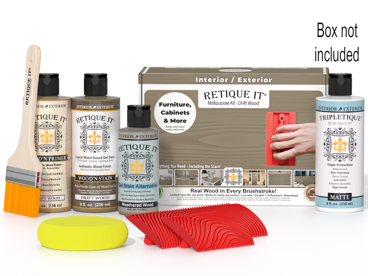 Retique It furniture and cabinet painting kit with bottles, a brush, and sponges on a white background.